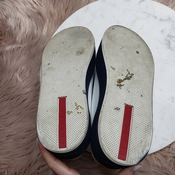 Prada Linea White & Navy Platform Sneakers - Picture 8 of 8